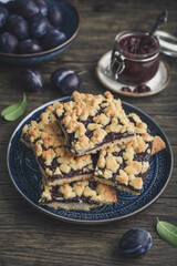 Traditional German Zwetschgenkuchen on blue plate