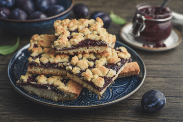 Traditional German Zwetschgenkuchen on blue plate