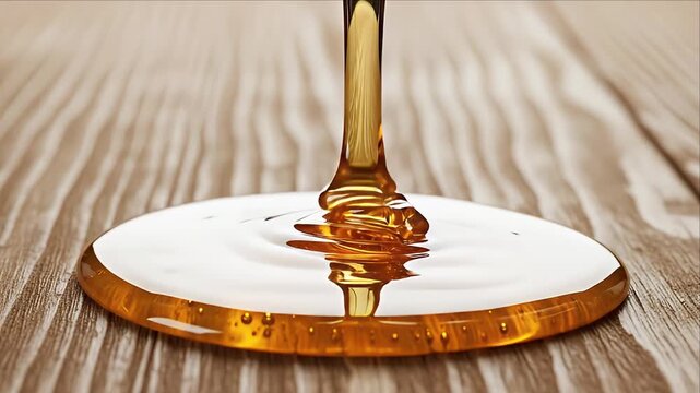 Golden honey being poured smoothly onto a wooden surface with closeup detail