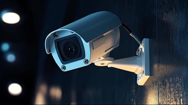 Close-up of a security camera mounted on a wall, capturing surveillance footage at night.