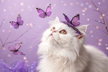 Whimsical white persian cat with purple butterflies on head and around. Magical pet portrait concept. Surreal feline art on lavender background. Fantasy animal photography - generated by ai