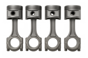 Four engine pistons with connecting rods demonstrating essential automotive mechanical components. Transparent background