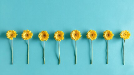 Obraz premium Artistic arrangement of yellow gerbera flowers against a vibrant blue background.