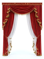 a pair of red velvet stage curtains with gold trim are drawn back to reveal a white background