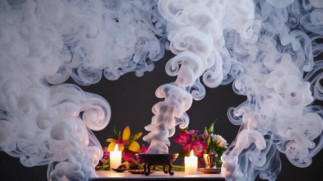  Ceremonial copal incense burning on an altar sends white smoke upward, swirling and billowing to obscure candles and flowers, Day of the Dead ofrenda atmosphere, spiritual ritual