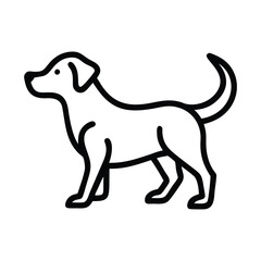 A black outline drawing of a dog standing facing left with a curled tail