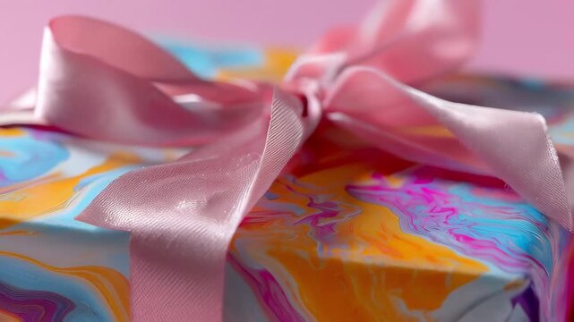 A colorful gift box pastel ribbon pink bow marble pattern celebration festive closeup wrapping paper present cheerful mood brighten party decor with soft satin texture and joyful vibe marble gift