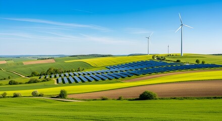 Obraz premium green field with wind turbines and solar panels