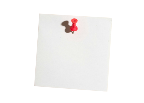Blank white note paper with red push pin isolated on transparent background