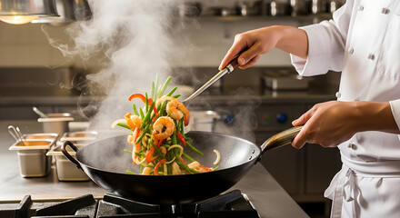 Chef cooking shrimp and vegetables in a wok with steam rising in a commercial kitchen setting