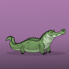 Cute green cartoon crocodile with confident pose on purple background, vector illustration for children’s design, mascot, or educational material