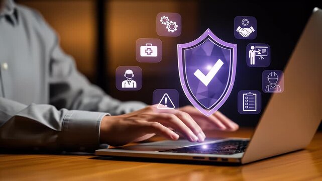 Work Safety and Compliance Concept. Businessman holding magnifying glass with icons work safety, compliance, risk management, and operational efficiency, emphasizing importance of safety standards.