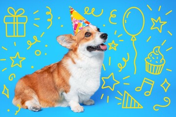 A cheerful corgi dog wearing a colorful party hat, surrounded by festive birthday doodles on a vibrant blue background. perfect for birthday celebrations.