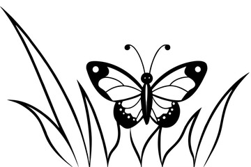 Black and white butterfly with grass blades silhouette isolated on white background