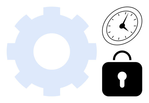Gear icon paired with a clock and padlock highlighting concepts of time management, security, and efficiency. Ideal for productivity, digital systems, automation, workflow, safety, strategy