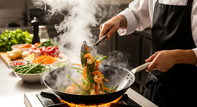 Chef cooking shrimp and vegetables in a wok with steam rising in a professional kitchen setting - Powered by Adobe