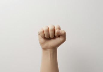 A clenched fist is raised against a plain white background, symbolizing strength, resistance, or solidarity.