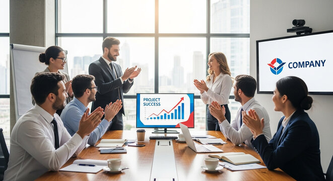 Enthusiastic business team applauding project success in modern office, celebrating achievements and fostering collaboration for future growth and innovation - Powered by Adobe