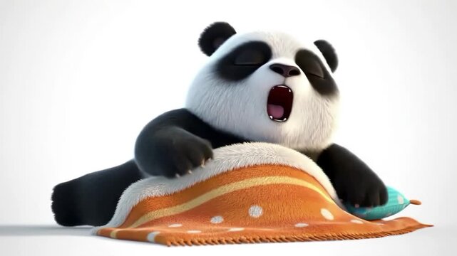 Animated Panda Yawning Sleepily on Pillows and Orange Blanket, White Background