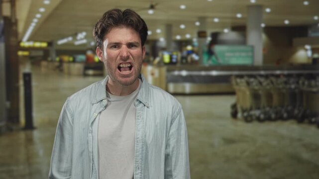 Man shouting mouth open facing camera at airport terminal near baggage carousel and stacked luggage carts, tense expression and raised voice; anger travel delay.