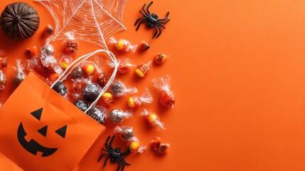 halloween sweets and holiday concept candies in paper bag and decorations on orange background no logos no brands ar 169