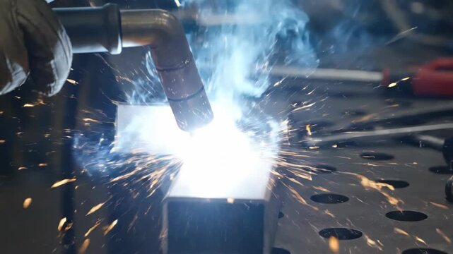Close up of welding sparks flying during metal fabrication process.