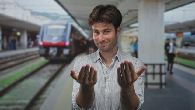 Young hispanic man beckons with both palms up on a busy train station platform, smiling and leaning slightly forward while looking at camera; playful invitation.