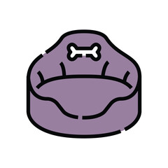 A dog bed illustration featuring a purple cushion with a bone black outline