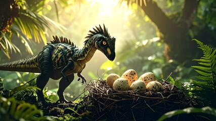 The ancient instinct of a dinosaur parent protecting its fragile eggs in a nest within a sunlit prehistoric jungle - Powered by Adobe