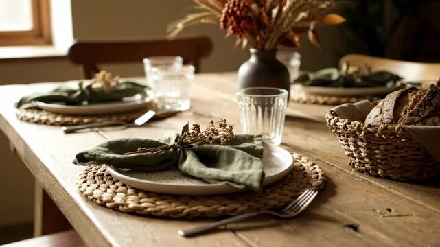 A serene lifestyle shot gently panning across a beautifully arranged rustic dinner table bathed in soft natural light, showcasing inviting autumnal dinnerware light, dining area, farmhouse style