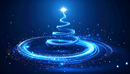 Festive glowing tree made of blue light and glitter.