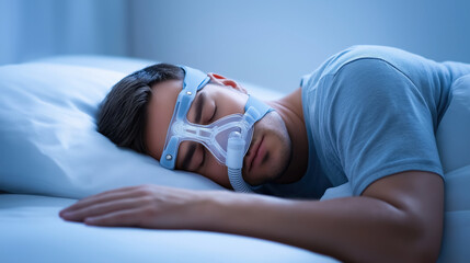 Man sleeping with sleep apnea mask using CPAP device in bedroom at night for better breathing and healthy rest.