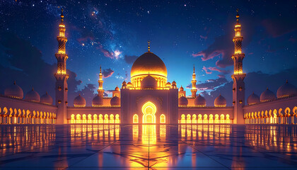 Illuminated mosque at night against starry sky illustration