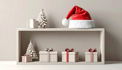 Fototapeta premium Festive Christmas Display with Gifts and Santa Hat on Shelf.