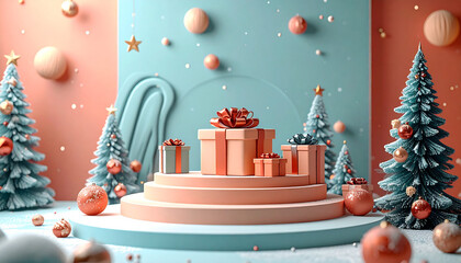 Festive Christmas Display with Gifts and Trees on a Podium.