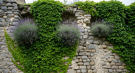 Broken Wall Covered in Ivy and Lavender