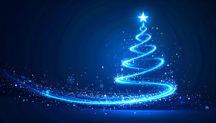 Bright blue light forming a Christmas tree with sparkling particles on night sky background.