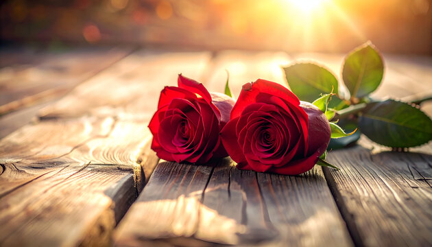 Elegant red roses on wooden background.