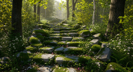 Stone Staircase Covered in Moss and Blossoms