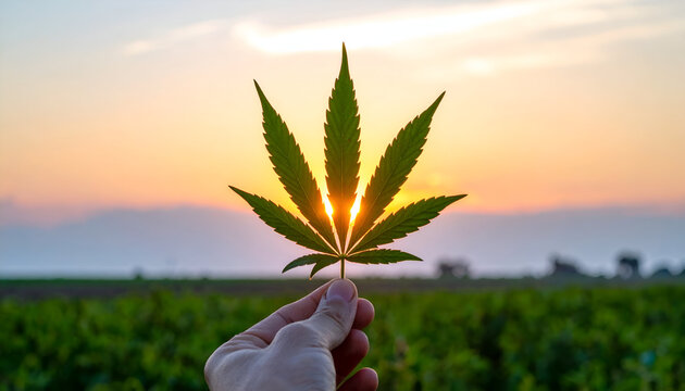 Person holding hemp leaf at sunrise in green field.