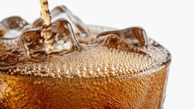 A refreshing, carbonated beverage is expertly poured into a clear glass filled with glistening ice cubes, creating an effervescent cascade of bubbles and frothy foam. The rich, amber-brown liquid spla