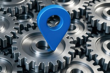 Pinpoint Precision: A close-up view of gears turning seamlessly, with a vivid location pin prominently positioned.