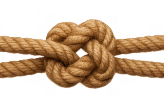 Strong knot creating unity and connection between ropes, symbolizing partnership and bond on transparent background
