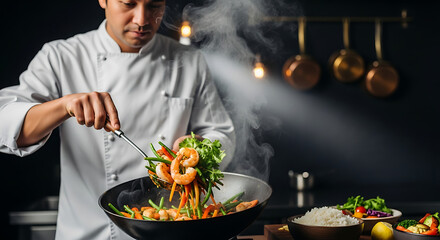 A chef prepares a stir fry with shrimp and vegetables in a wok with steam rising in a restaurant