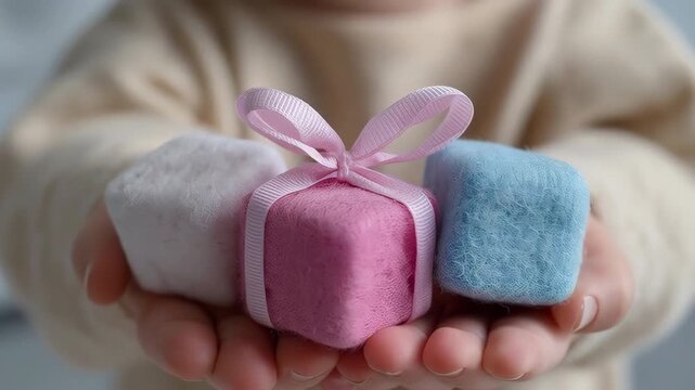 A soft gift box with pastel ribbon baby hand, small present package with pink bow, blue cube and white cube, soft texture close up soft gift box pastel cube baby hands, ribbon bow, delicate texture