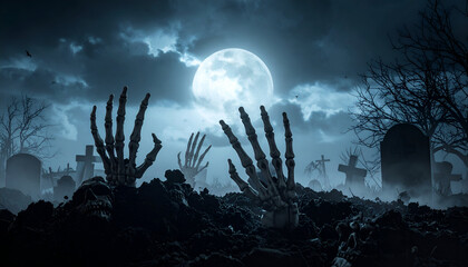 Scary Halloween background with skeleton arms reaching from soil under eerie moonlight.