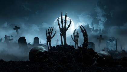 Dark cemetery scene with skulls and bony hands rising from earth creating horror atmosphere.
