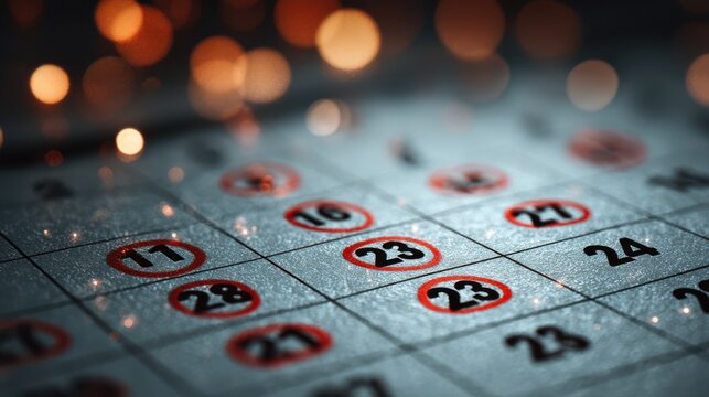 A close-up of a calendar with dates highlighted in red for emphasis.