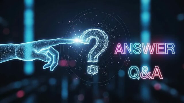 Neon question and answer concept with hologram hand pointing