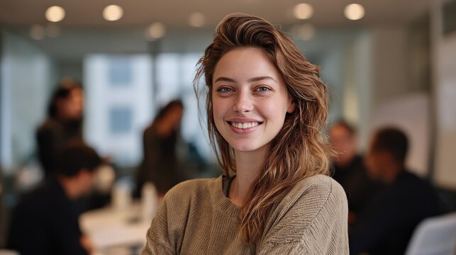 young female designer smiling while standing in an office after a boardroom meeting with colleagues talking in the background no logos no brands ar 169